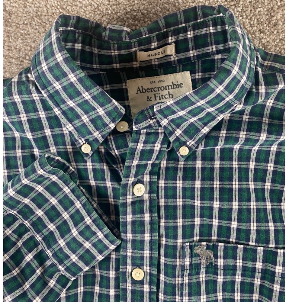 Abercrombie & Fitch Mens XXL fits XL Muscle Fit Green Plaid Button Down Shirt